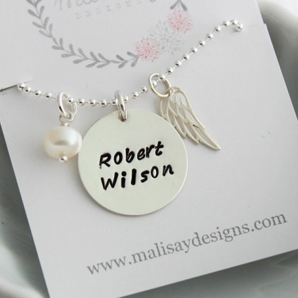 Sterling Silver Memorial necklace • Infant Loss Jewelry • Angel Wing Necklace • In Memory Jewelry • Remembrance Jewelry • Stamped Name