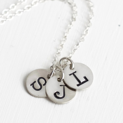 Sterling Silver Mothers Initial Necklace with Three Initial Charms / Personalized Hand Stamped Multi Initial Necklace / Choose Chain Length