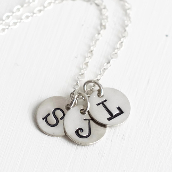 Sterling Silver Mothers Initial Necklace with Three Initial Charms / Personalized Hand Stamped Multi Initial Necklace / Choose Chain Length