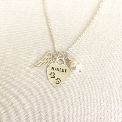 Sterling Silver Pet Memorial Necklace, Paw Print, Cat Loss, Dog Memorial Necklace, Pet Remembrance Jewelry, Loss of Pet, Personalized Wing