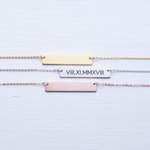 Sterling Silver Roman Numerals Necklace Personalized Jewelry Matte Bar Necklace Gift for Her Rose Gold Girlfriend Gift for Best Friend