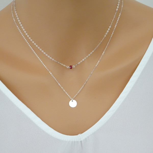 Sterling Silver Ruby and round disc layered necklace set, Genuine Ruby necklace,July Birtstone necklace, Rose gold fil, 14 k gold fill