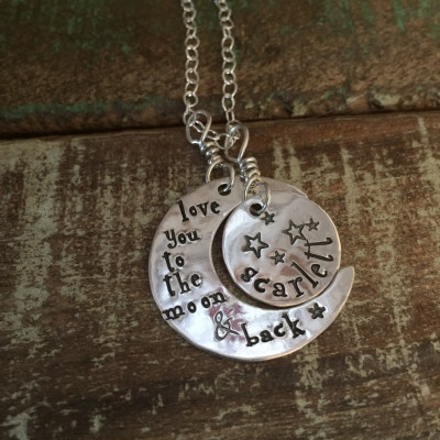 Sterling moon necklace-personalized hand stamped necklace -gift idea for mom-necklace with childs name-love you to the moon and back
