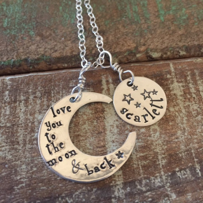 Sterling moon necklace-personalized hand stamped necklace -gift idea for mom-necklace with childs name-love you to the moon and back