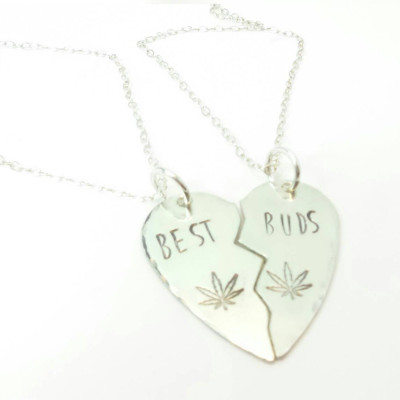 Sterling silver broken heart best buds hand stamped necklace set, pot leaf jewelry, 420 jewelry, bff handmade by the toke shop