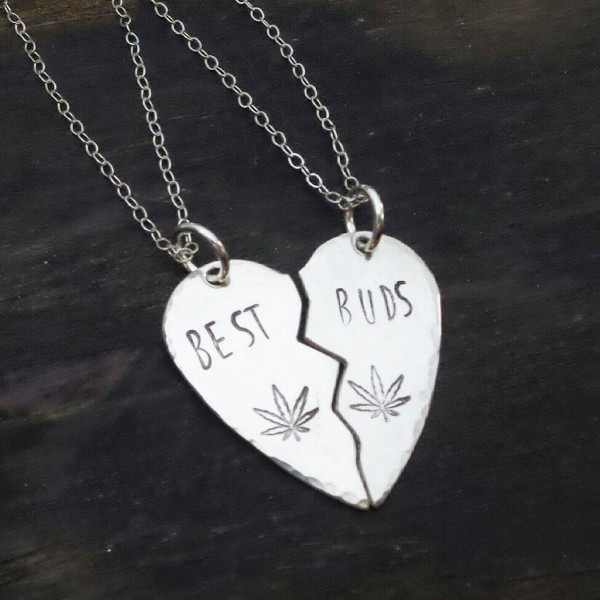 Sterling silver broken heart best buds hand stamped necklace set, pot leaf jewelry, 420 jewelry, bff handmade by the toke shop