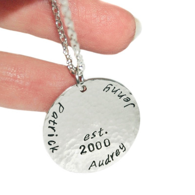 Sterling silver family names necklace, disc necklace, gift for her, personalized silver necklace, engraved silver necklace, custom necklace