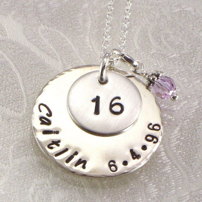 Sweet Sixteen Birthday Necklace - Name and Birth Date - Jewelry for Girls - Choice of Birth Crystal - Birthday Jewlery - Sterling Silver