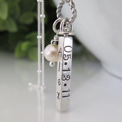 Swivel Bar Necklace - Silver Hand Stamped 4 Sided Rotating Pendant - Personalized Jewelry - Mom Necklace - Kids Name Necklace - Free Ship