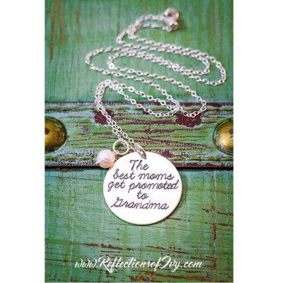 The Best Moms Get Promoted to Grandma Necklace • Stocking Stuffer Sterling Silver Birth Announcement Gift Grandma New Quote Mom Necklace