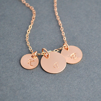 Three Initial Necklace, Rose Gold Plated Initial Disc Necklace, Personalized Necklace, Family Necklace, Everyday Jewelry