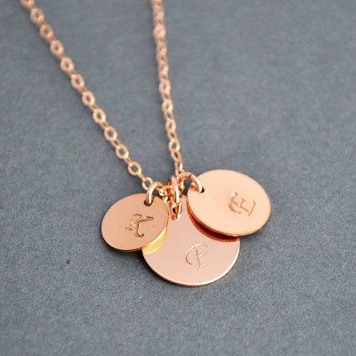 Three Initial Necklace, Rose Gold Plated Initial Disc Necklace, Personalized Necklace, Family Necklace, Everyday Jewelry