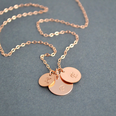 Three Initial Necklace, Rose Gold Plated Initial Disc Necklace, Personalized Necklace, Family Necklace, Everyday Jewelry