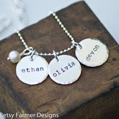 Three Names Hand Stamped Jewelry Personalized Sterling Silver Necklace