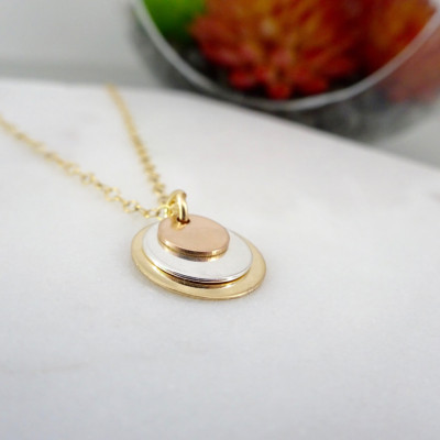 Triple disc necklace, Mixed Metal tag necklace, Gold Plated Sterling silver and Rose Gold Plated necklace