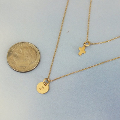 Two 18k Set: Gold Layered Necklace Set, Tiny Cross and 6mm Hand Stamped Initial Necklace Set, Dainty 18k Necklace Set, Solid 18k Layer Set