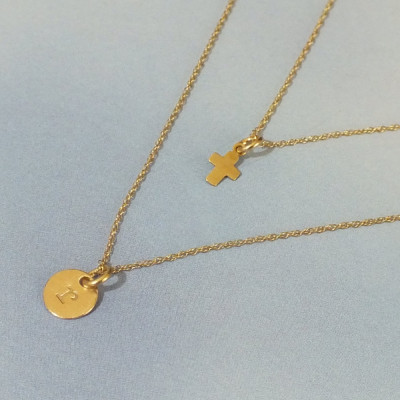 Two 18k Set: Gold Layered Necklace Set, Tiny Cross and 6mm Hand Stamped Initial Necklace Set, Dainty 18k Necklace Set, Solid 18k Layer Set