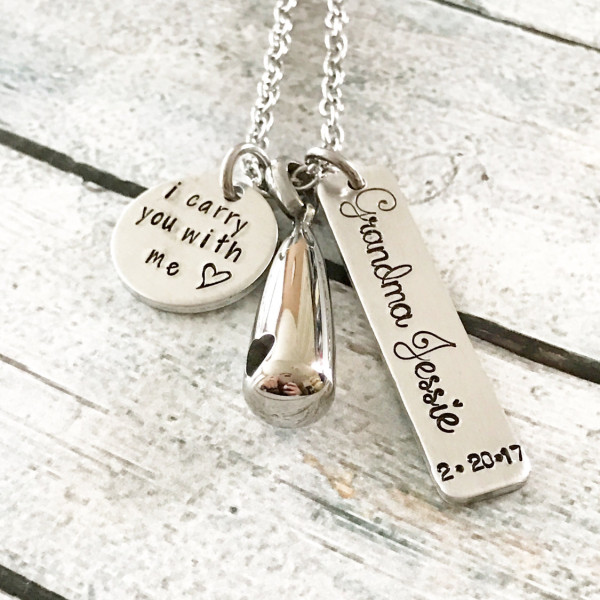 Urn necklace - Hand stamped necklace - Memorial necklace - Cremation jewelry - Commemorative necklace - I carry you with me