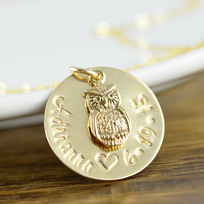 Valentine Gift - Owl Necklace - Owl Jewelry - New Mom Gift - Owl Love You Forever Necklace Hand Stamped Jewelry - Gold Owl Necklace
