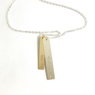 Vertical Name Bar Necklace, Personalized Necklace, Two Name Necklace, Mixed Metal Jewelry, Personalized Bar Necklace, Gift for Mom