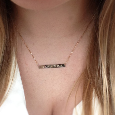WEDDING DATE Roman Numeral Bar Necklace, Engraved Gold Bar Necklace, Personalized Nameplate Necklace, 18k Gold Plated or Sterling