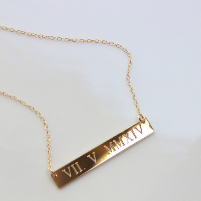 WEDDING DATE STERLING Silver or Gold bar Roman Numeral Personalized necklace Nameplate Engraved Horizontal Gold Bar Initial Monogram name