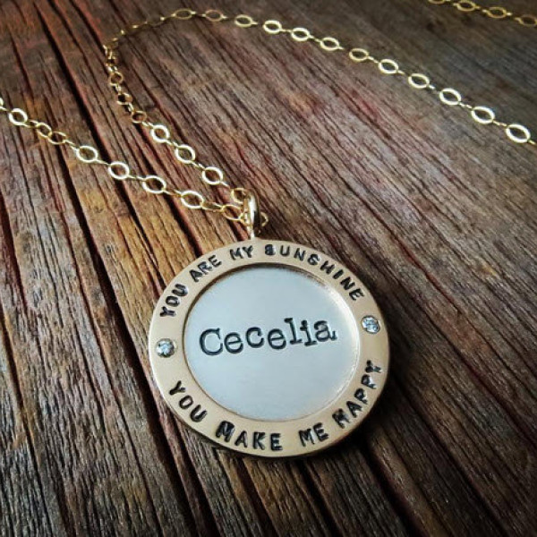 Wide Gold Framed Diamond Pendant Necklace Personalized Mixed Metal Women's Mommy Jewelry Hand Stamped 18k Gold and Silver Names Custom Fine
