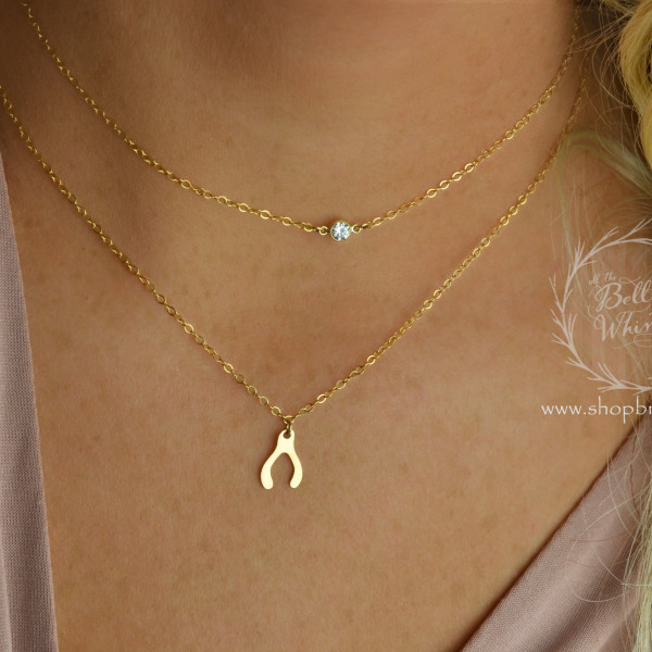 Wishbone Diamond Necklace Set, Personalized Initial Necklace, bridesmaid gifts, birthday gift, diamond necklace, wishbone necklace