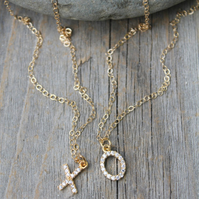 XO set of two (2) Necklaces, 18k Gold Plated, X O cubic zirconia, cz diamonds, friendship, best friends, sister mother, hugs + kisses