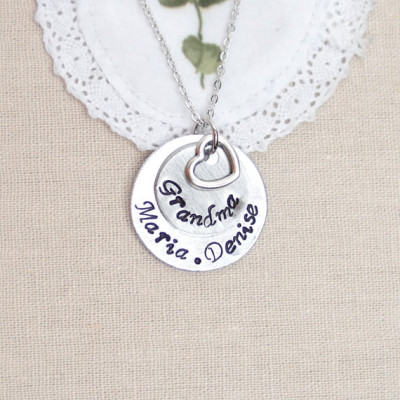 grandma necklace, sterling silver filled, custom necklace hand stamped with "Grandma"with heart charm and kids names,gift for grandma,family