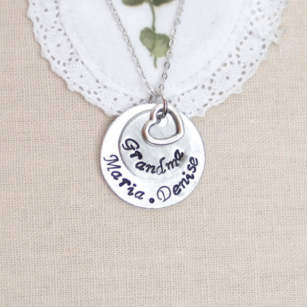 grandma necklace, sterling silver filled, custom necklace hand stamped with "Grandma"with heart charm and kids names,gift for grandma,family