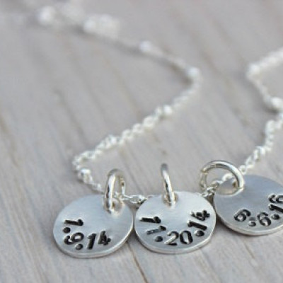 hand stamped birth dates necklace | mommy jewelry | push present | 3 three kids | 3 children | mom of 3 | tiny token dates necklace 3/8"