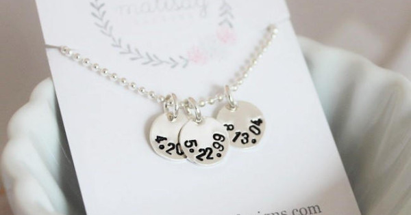 hand stamped birth dates necklace mommy jewelry push present 3 three kids 3 children mom of 3 73481137 939