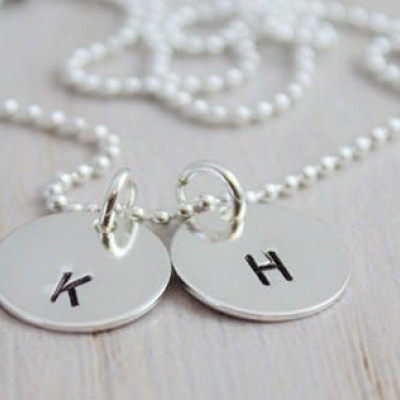 initials pendants, hand stamped mothers necklace, personalized initial discs, stamped initials, 2 initials necklace, push present new mom