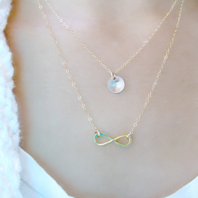 layered infinity and initial necklace 18k Gold Plated initial necklace personalized layered infinity necklace custom hand stamped letter