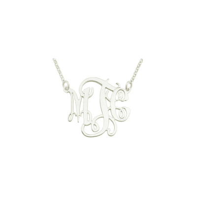mono111w - White Rhodium Plated 1.25" Sterling Silver Elegant Monogram Necklace