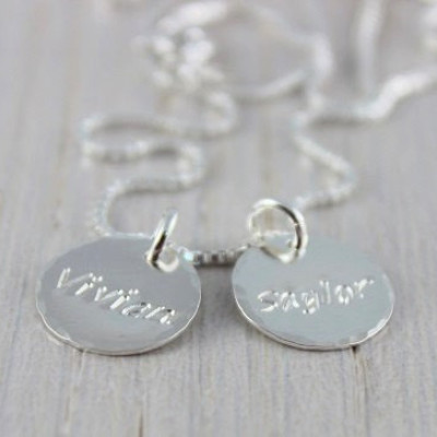 necklace for mom with 2 kids, stamped name tag necklace, mothers necklace, sterling silver name discs | two kids names | mommy jewelry