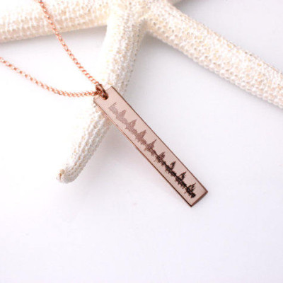 sound-wave vertical bar nameplate necklace with two pendants | your voice | EKG | sonogram in sterling silver, rose or yellow Gold Plated