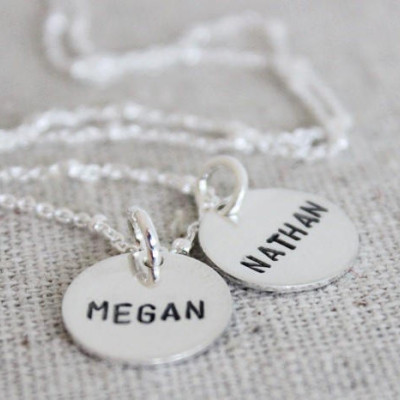 two kids names necklace, mom with two kids, 2 names necklace, name tag jewelry, custom name jewelry, malisay designs, name discs 1/2"