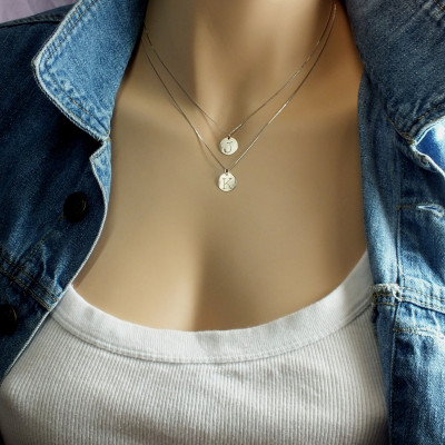 18k Layered Necklace Set, 18k Solid White Gold, 2 Initials Double Disc 11mm (almost 1/2 inch), Set of 2 18k Solid Gold Necklaces