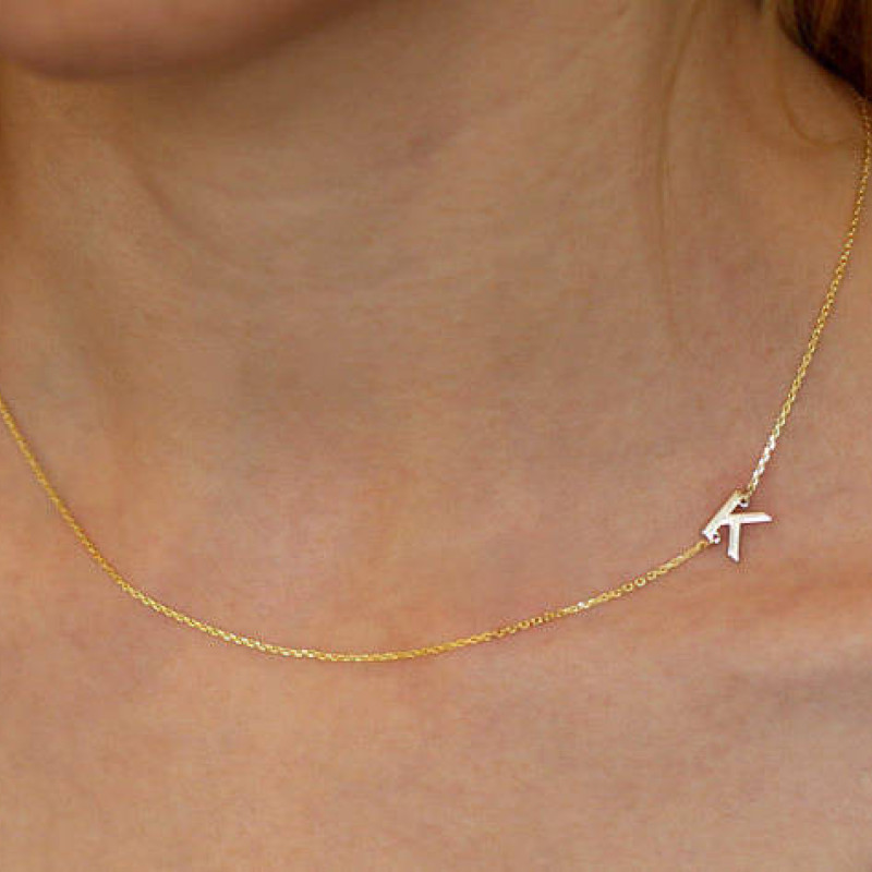14K Solid Gold Sideways Initial Necklace- Personalized Necklace -14k