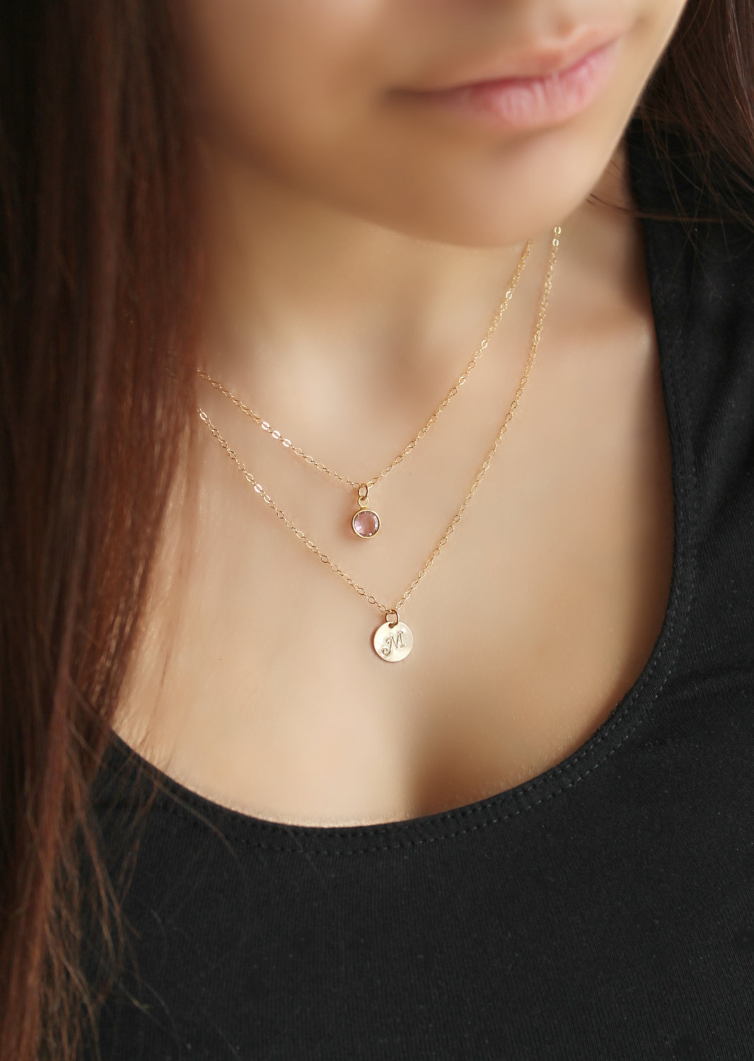 14k gold filled Layered Initial Necklace with Swarovski Birthstones ...