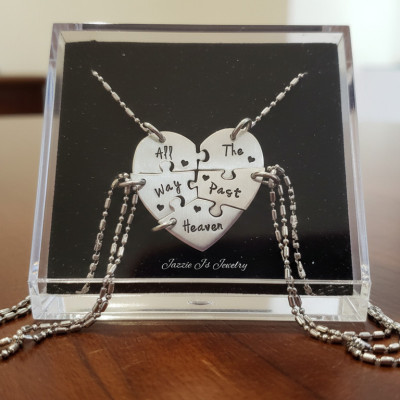 All The Way Past Heaven Five Piece Puzzle Heart Necklace Set, Handstamped 5 Split Heart Necklaces, Sisters/Best Friends Set, Family Jewelry