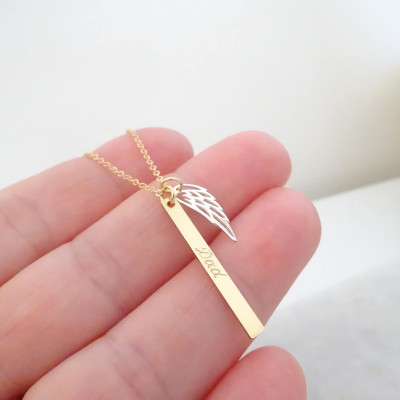 Dad necklace, Dad memorial necklace, Angel wing necklace, dad loss jewelry, keepsake jewelry, sympathy gift Personalized name bar necklace