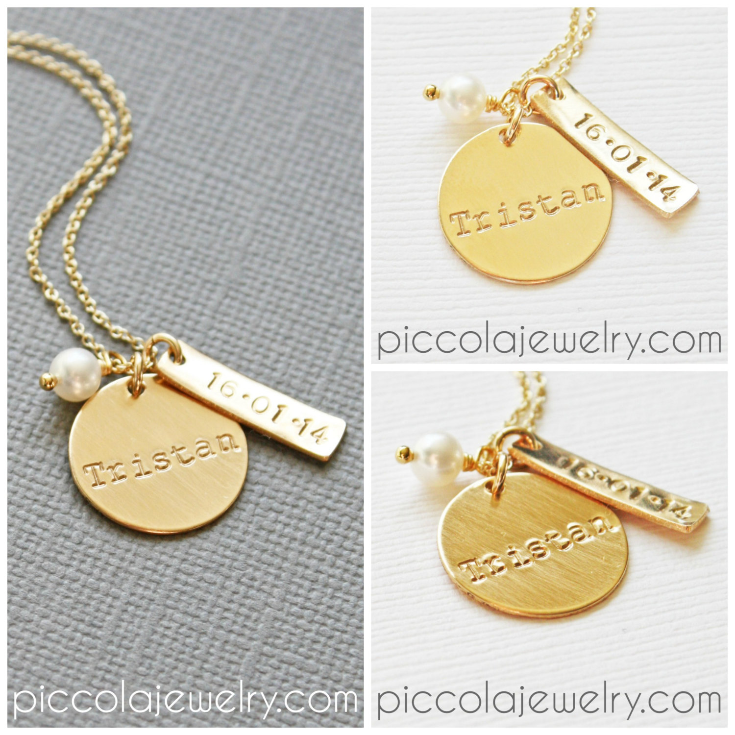 Gold Baby Name Necklace with Pearl and Birthdate Custom Personalized