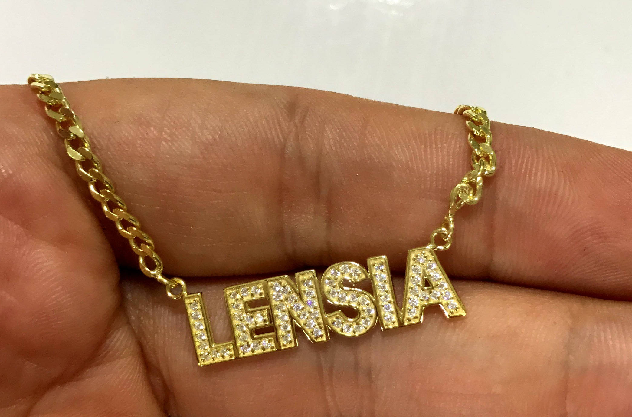 Gold Name Necklace - Block Font Name Necklace - Curb Chain Name