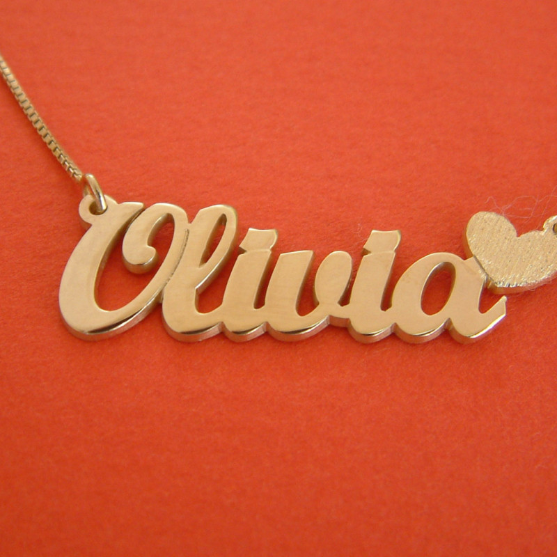 Olivia Name Necklace Gold Nameplate Necklace Heart Charm Necklace 14k