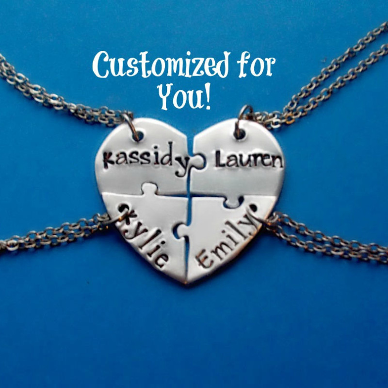 Personalized Bridesmaid Puzzle Necklaces, 4 Piece Heart Puzzle Piece