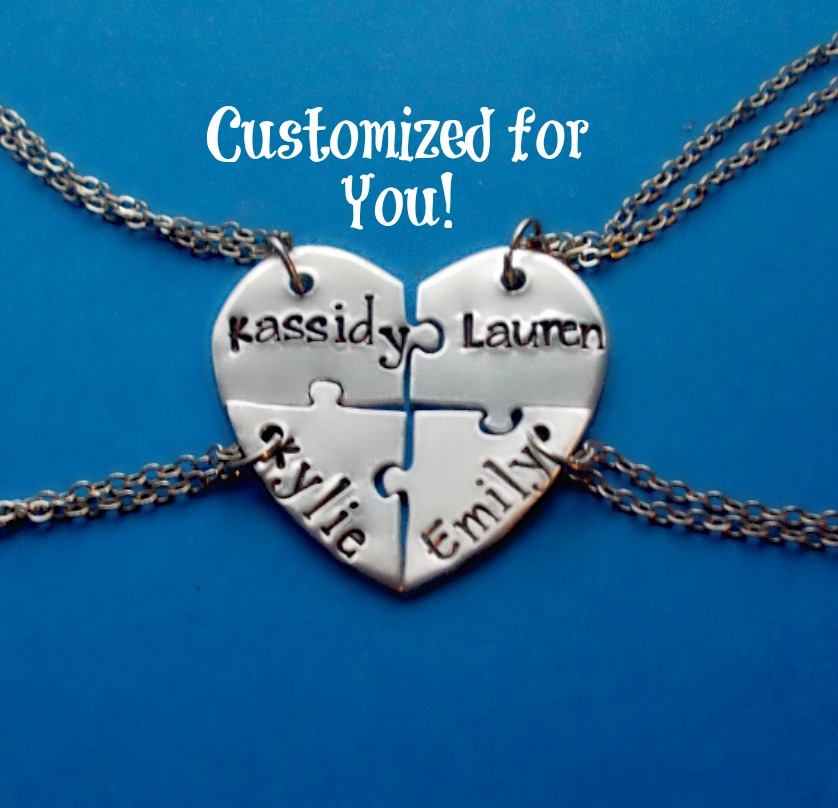 Personalized Bridesmaid Puzzle Necklaces, 4 Piece Heart Puzzle Piece
