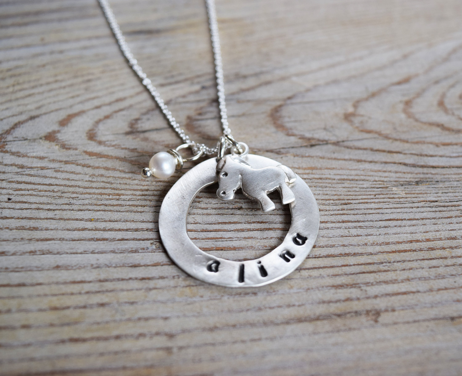 Personalized Horse Necklace with custom round hoop, birthstone